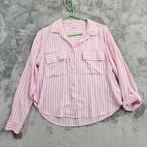 Beachlunchlounge Top Women M Pink White Striped Button Up Roll Tab Sleeve Casual